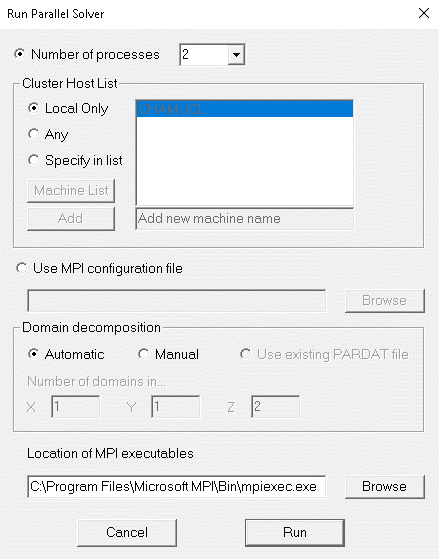 Dialog options for running parallel solver